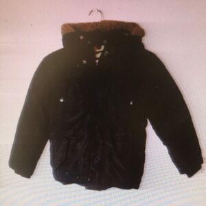 Kids Black Winter Jacket with Brown Hood